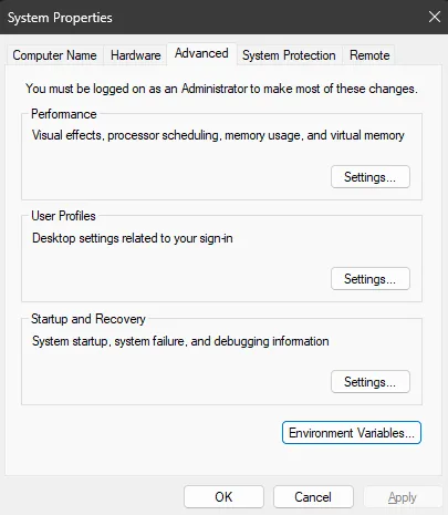 sysdm.cpl Window